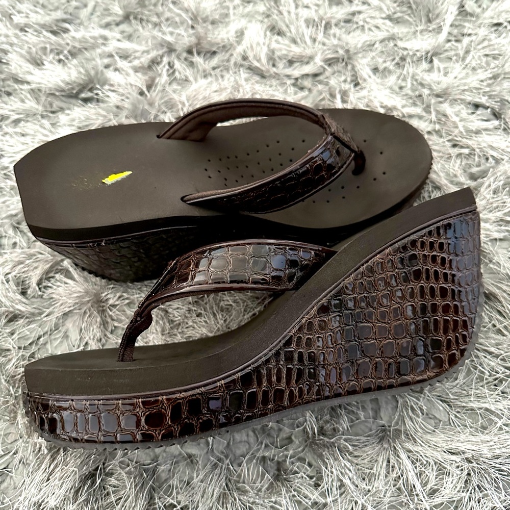 Volatile Faux Patent Croc Wedge Thong Sandal